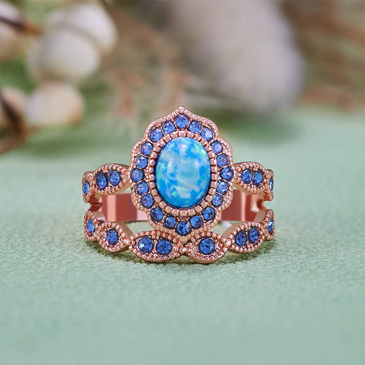 Olivenorma 2Pcs Blue Opal Sapphire Rose Gold Ring Set - image 3