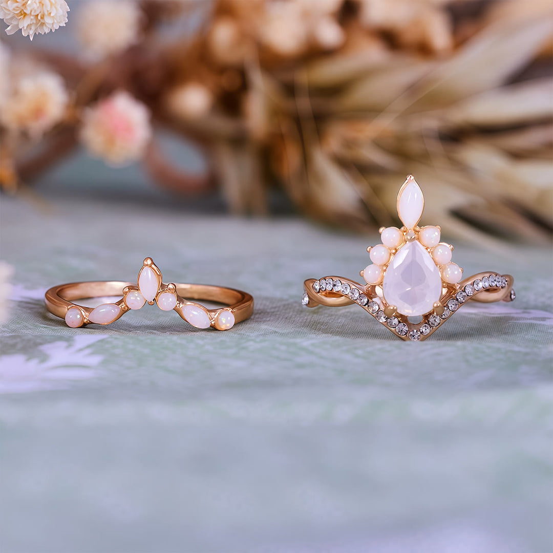 Olivenorma Pear Cut White Chalcedony Crown Design Ring Set - image 5