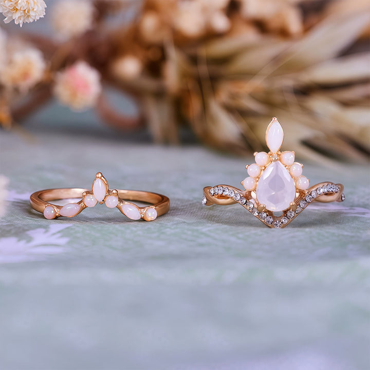 Olivenorma Pear Cut White Chalcedony Crown Design Ring Set - image 5
