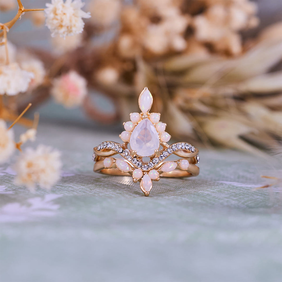 Olivenorma Pear Cut White Chalcedony Crown Design Ring Set - image 7