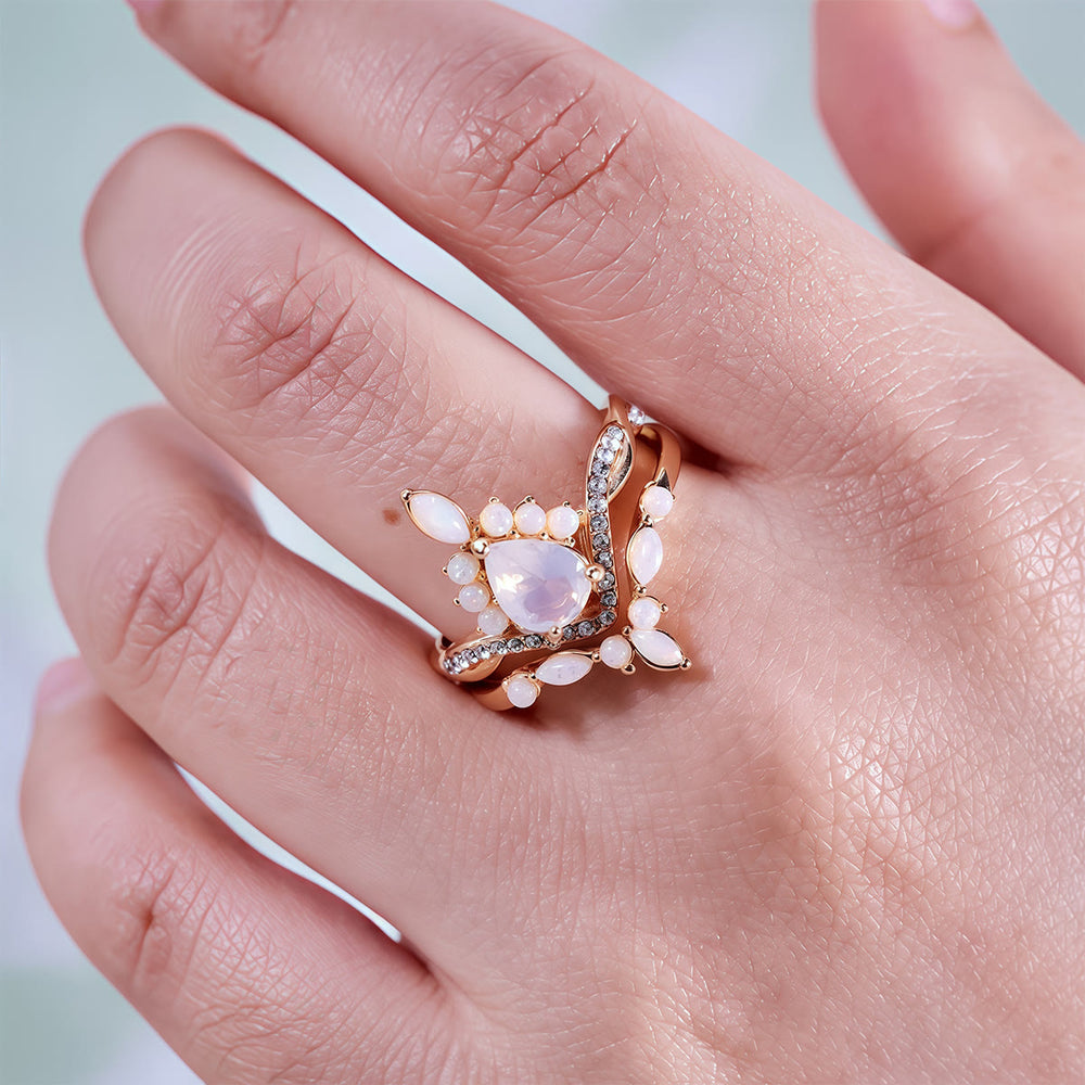 Olivenorma Pear Cut White Chalcedony Crown Design Ring Set - image 1