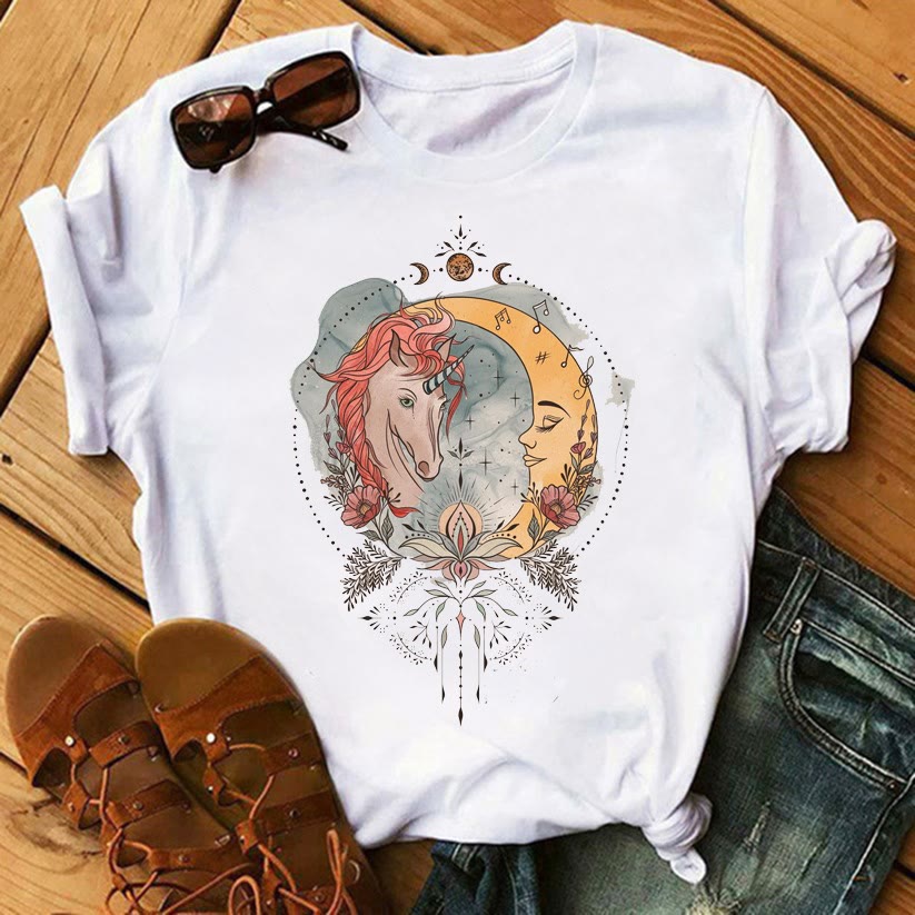 Olivenorma Tree of Life Inspirational Cotton T-Shirts - Moon & Unicorn - 2XL - image 3