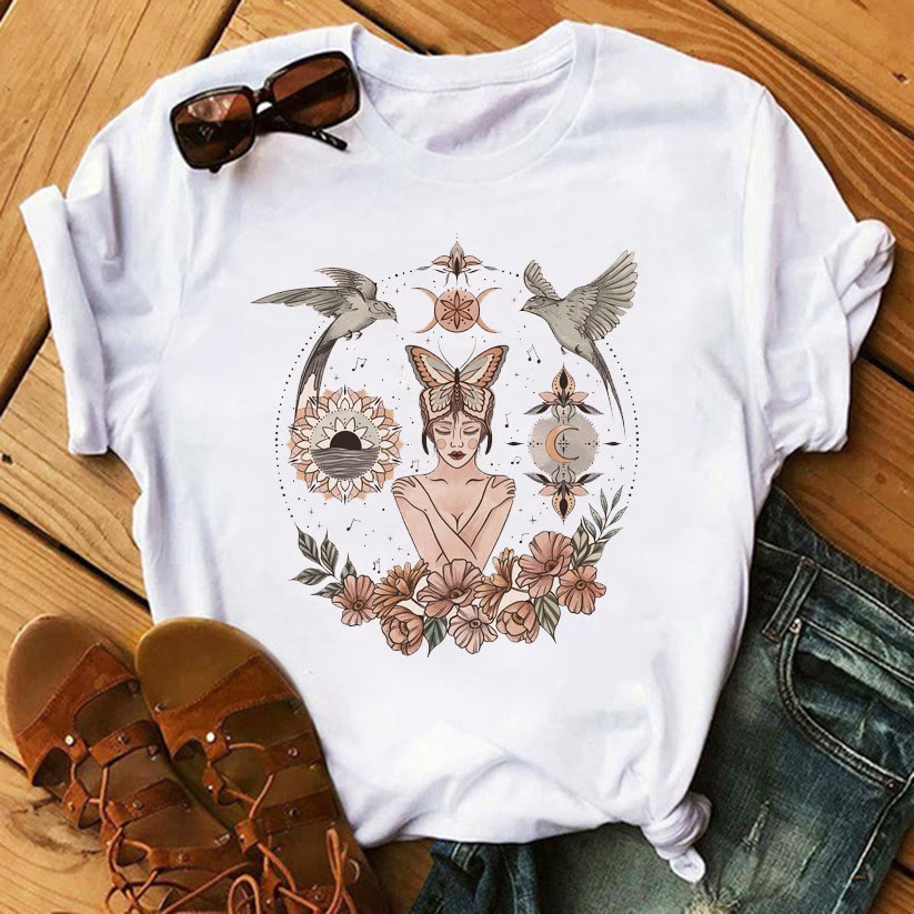 Olivenorma Tarot Print Inspirational Cotton T-Shirts - Moth Fairy & Twin Birds - 2XL - image 8