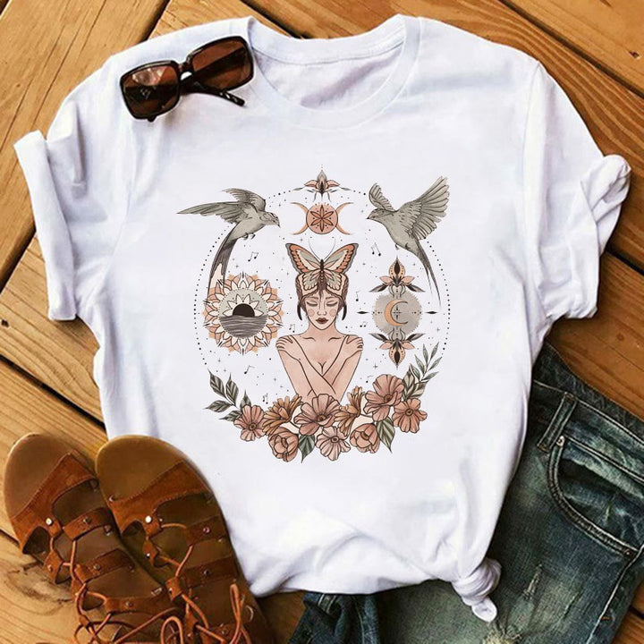 Olivenorma Tarot Print Inspirational Cotton T-Shirts - Moth Fairy & Twin Birds - 2XL - image 8