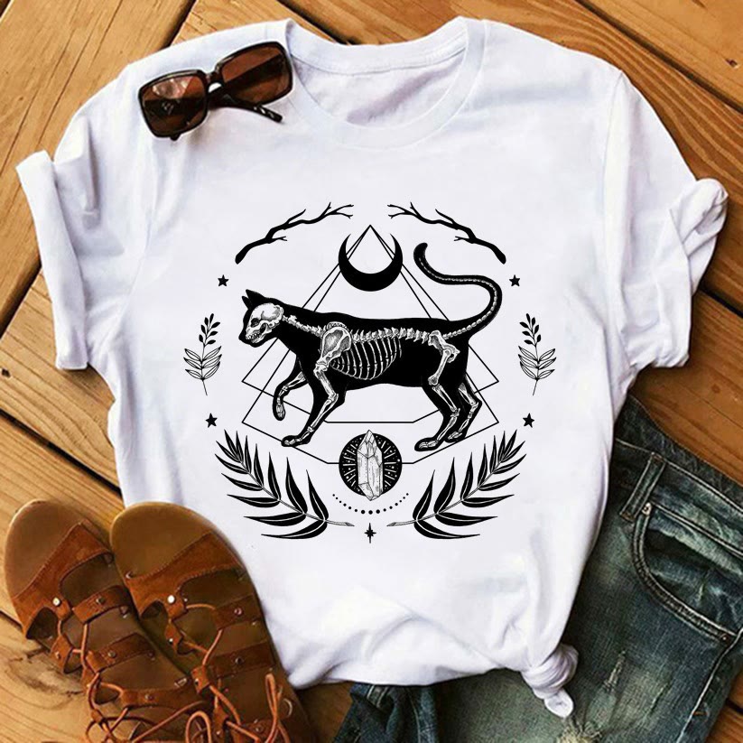 Olivenorma Tarot Print Inspirational Cotton T-Shirts - Cat Skeleton - 2XL - image 7