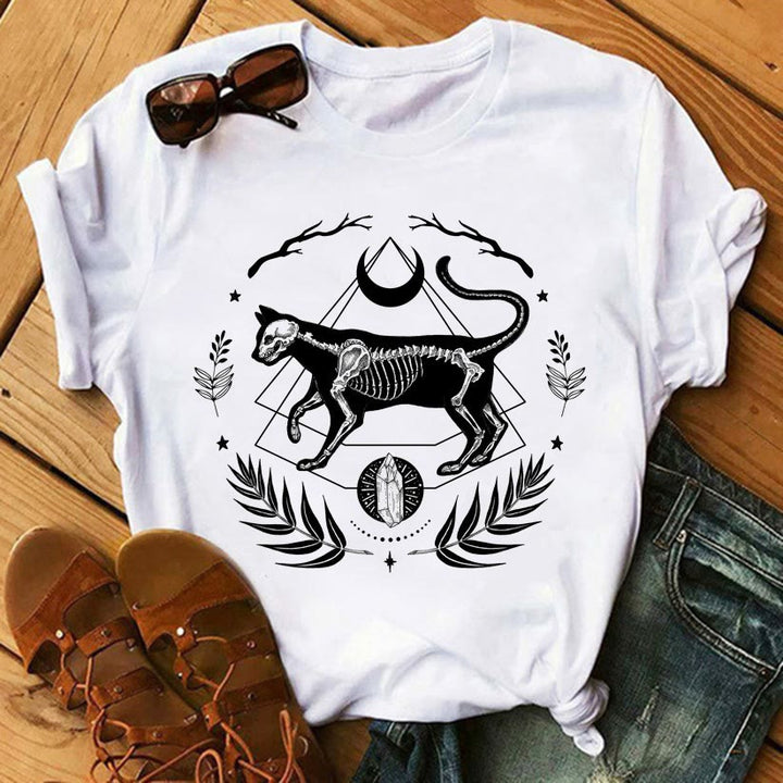 Olivenorma Tarot Print Inspirational Cotton T-Shirts - Cat Skeleton - 2XL - image 7