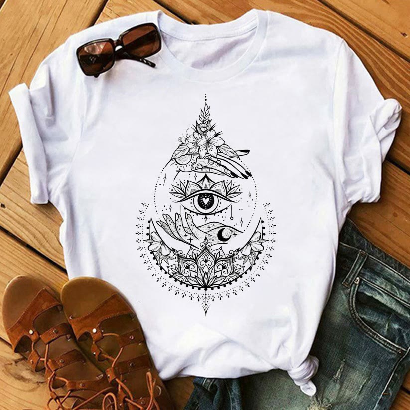 Olivenorma Tarot Print Inspirational Cotton T-Shirts - Evil Eye & Hand - 2XL - image 5