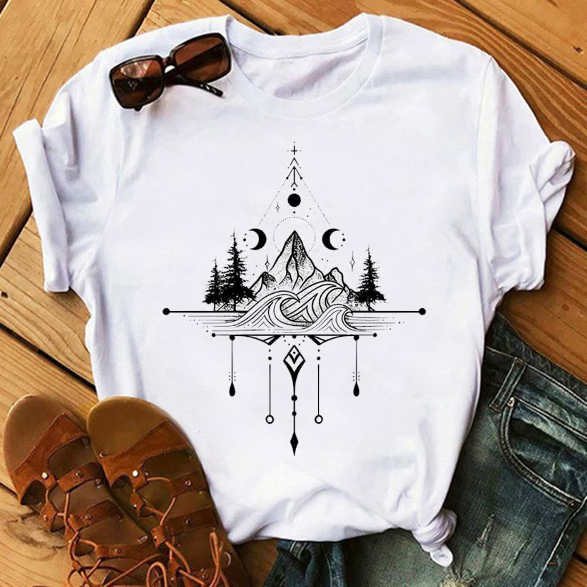 Olivenorma Tarot Print Inspirational Cotton T-Shirts - Moon Phase & Mountain - 2XL - image 2