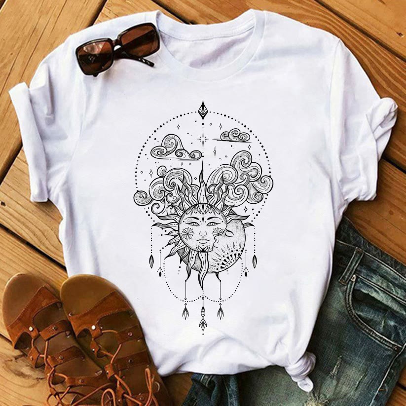 Olivenorma Tarot Print Inspirational Cotton T-Shirts - Sun & Moon - 2XL - image 3