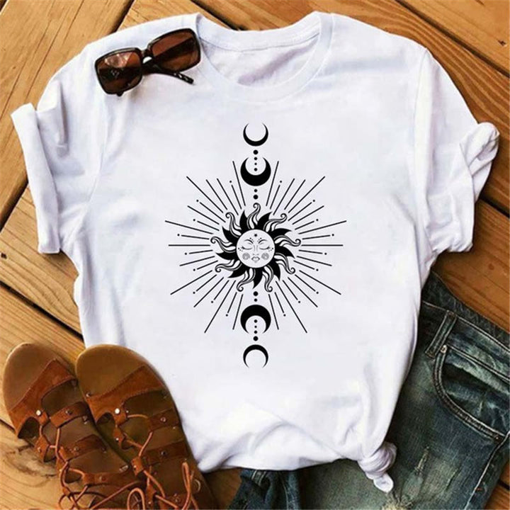 Olivenorma Cotton Moon Black Cat Lotus Printed T-Shirt - Sun Rays & Moon - 2XL - image 5