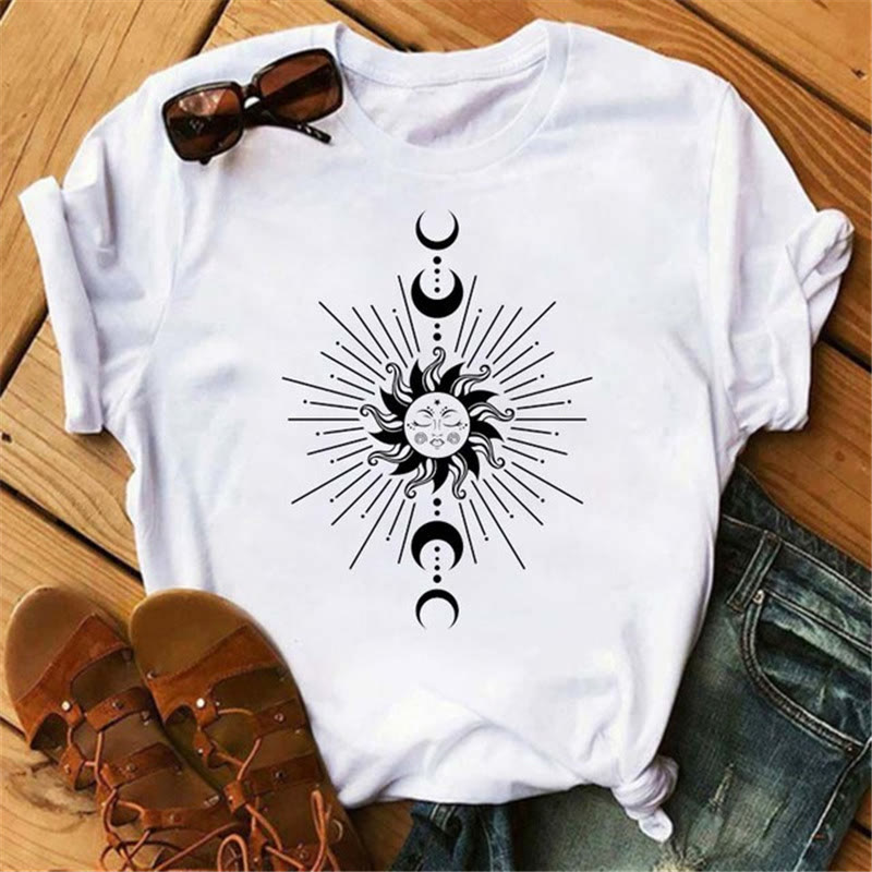Olivenorma Cotton Moon Black Cat Lotus Printed T-Shirt - Sun Rays & Moon - 2XL - image 5