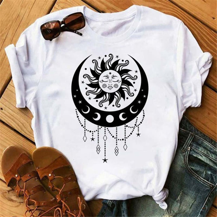 Olivenorma Cotton Moon Black Cat Lotus Printed T-Shirt - Sun & Moon - 2XL - image 4