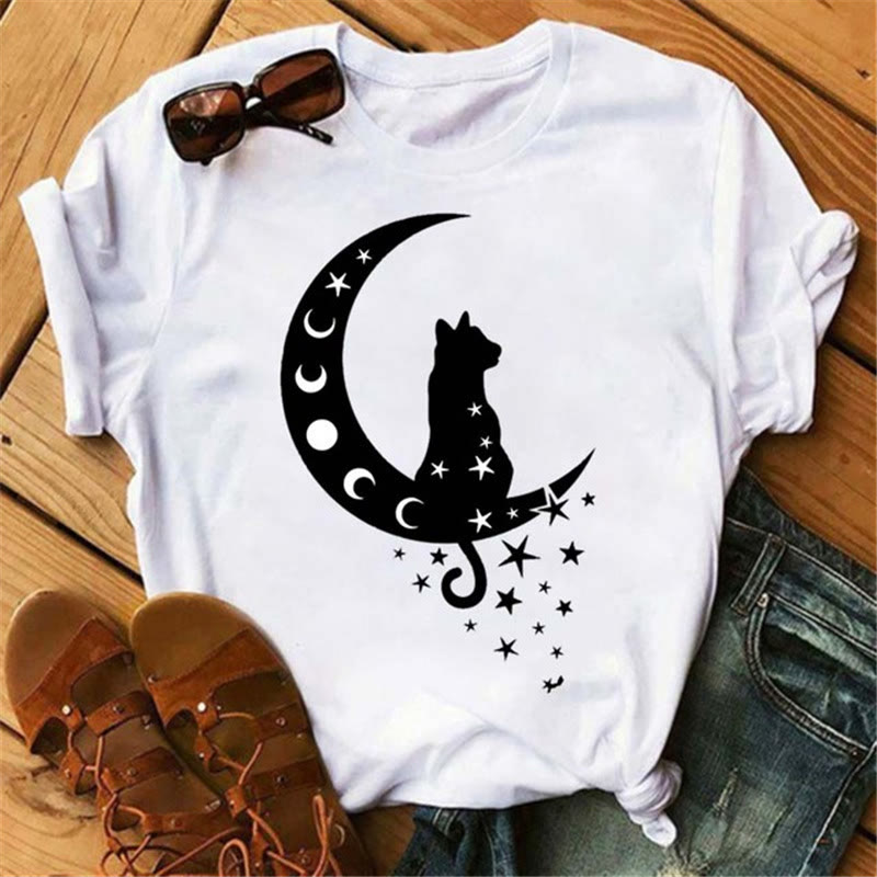 Olivenorma Cotton Moon Black Cat Lotus Printed T-Shirt - Moon & Black Cat - 2XL - image 0