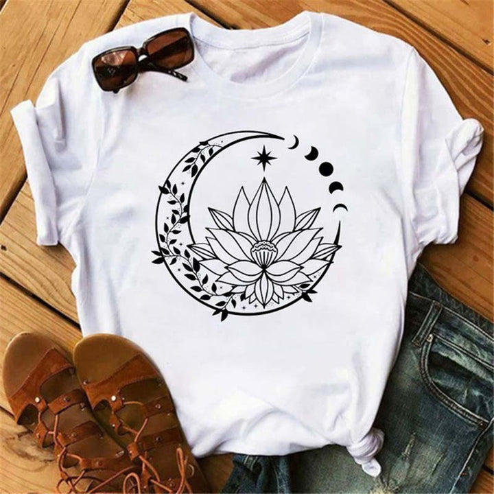 Olivenorma Cotton Moon Black Cat Lotus Printed T-Shirt - Moon & Lotus - 2XL - image 3
