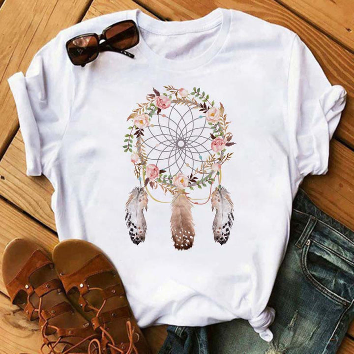 Olivenorma Cotton Dreamcatcher Printed T-Shirt - Flower Feather Dreamcatcher - 2XL - image 0