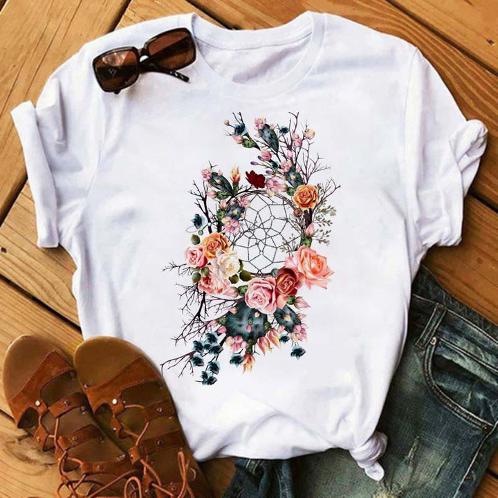 Olivenorma Cotton Dreamcatcher Tree Of Life Printed T-Shirt - Rose Flower Dreamcatcher - 2XL - image 9