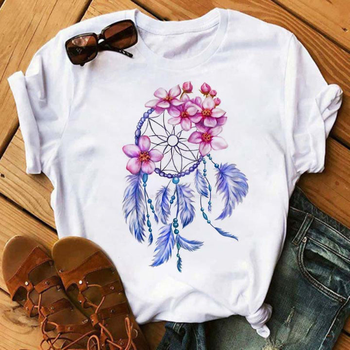 Olivenorma Cotton Dreamcatcher Tree Of Life Printed T-Shirt - Purple and Red Flower Dreamcatcher - 2XL - image 2