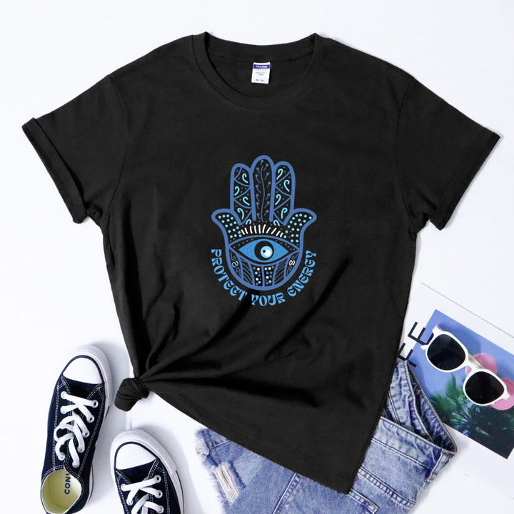 Olivenorma Protection Evil Eye Hamsa Printed T-Shirt  - Black - 2XL - image 2