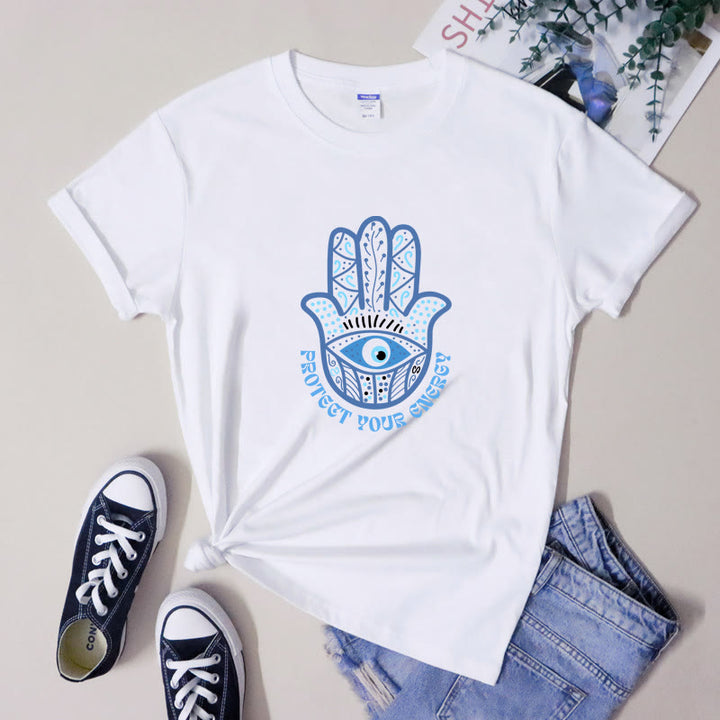 Olivenorma Protection Evil Eye Hamsa Printed T-Shirt  - White - 2XL - image 0
