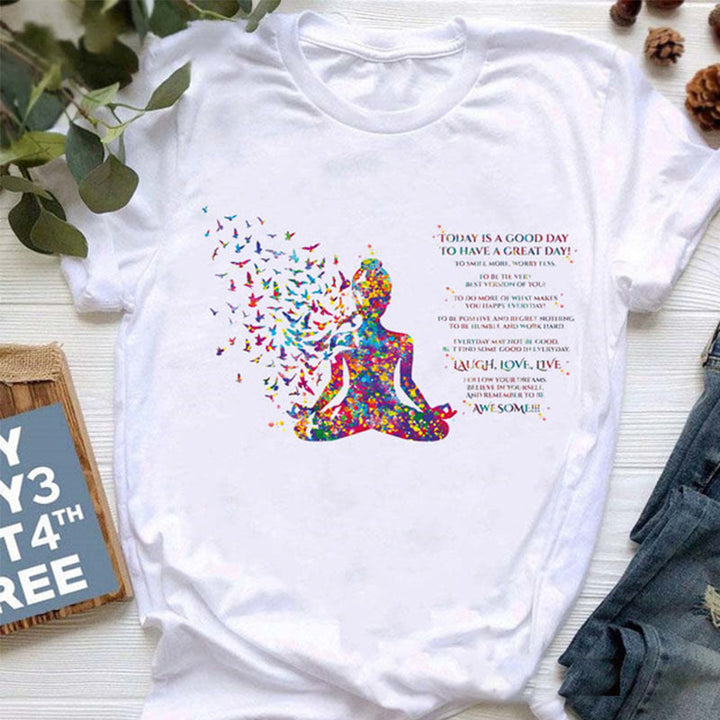 Olivenorma Colorful Buddha Meditation Yoga Printed T-Shirt - Buddha colorful text - White - 2XL - image 3