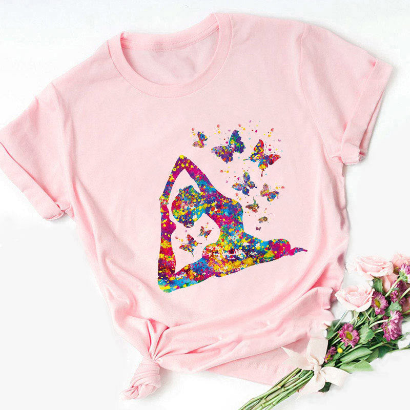 Olivenorma Colorful Buddha Meditation Yoga Printed T-Shirt - Yoga pose - Pink - 2XL - image 11