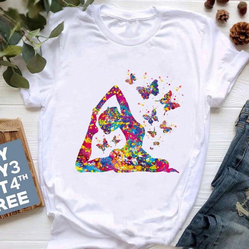 Olivenorma Colorful Buddha Meditation Yoga Printed T-Shirt - Yoga pose - White - 2XL - image 4
