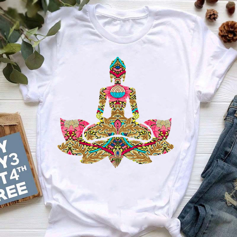 Olivenorma Buddha Yoga Meditation Top Colorful Printed T-Shirt - Buddha & Lotus - 2XL - image 2