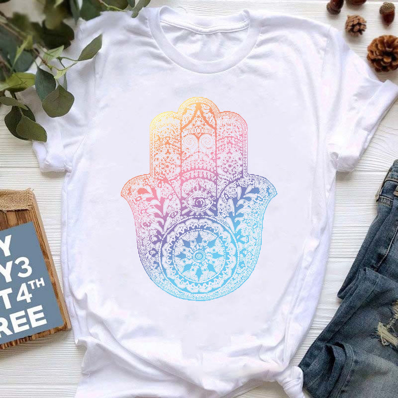 Olivenorma Buddha Yoga Meditation Top Colorful Printed T-Shirt - Blue-Pink Hamsa - 2XL - image 5