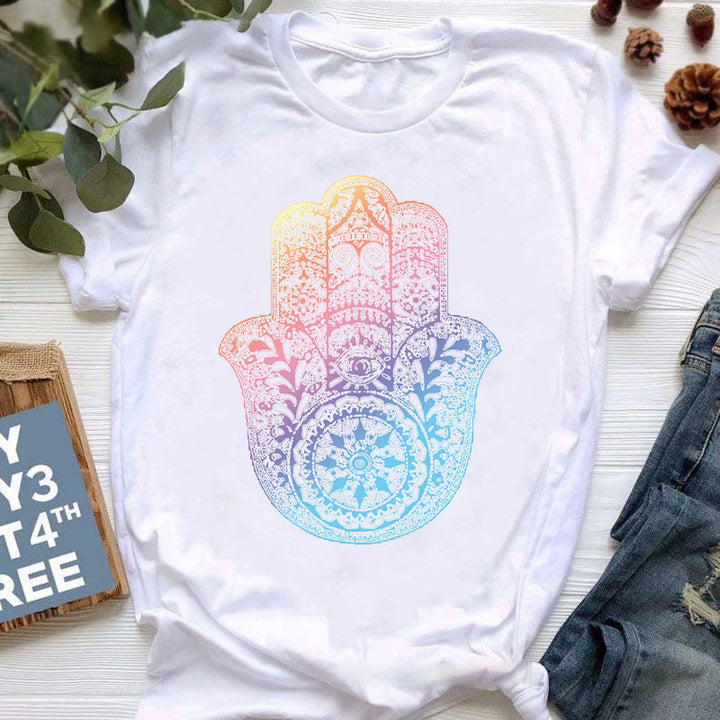 Olivenorma Buddha Yoga Meditation Top Colorful Printed T-Shirt - Blue-Pink Hamsa - 2XL - image 5