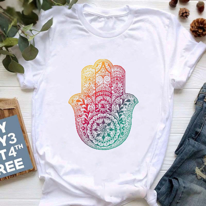 Olivenorma Buddha Yoga Meditation Top Colorful Printed T-Shirt - Purple-Green Hamsa - 2XL - image 6