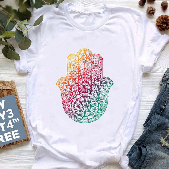 Olivenorma Buddha Yoga Meditation Top Colorful Printed T-Shirt - Purple-Green Hamsa - 2XL - image 6