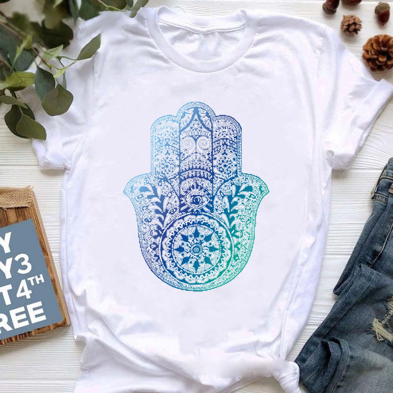 Olivenorma Buddha Yoga Meditation Top Colorful Printed T-Shirt - Blue Hamsa - 2XL - image 4