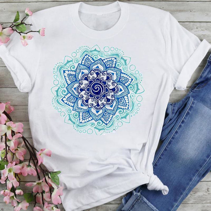 Olivenorma Cotton Colorful Lotus Elephant Printed T-shirt - Sky Blue Lotus - 2XL - image 10