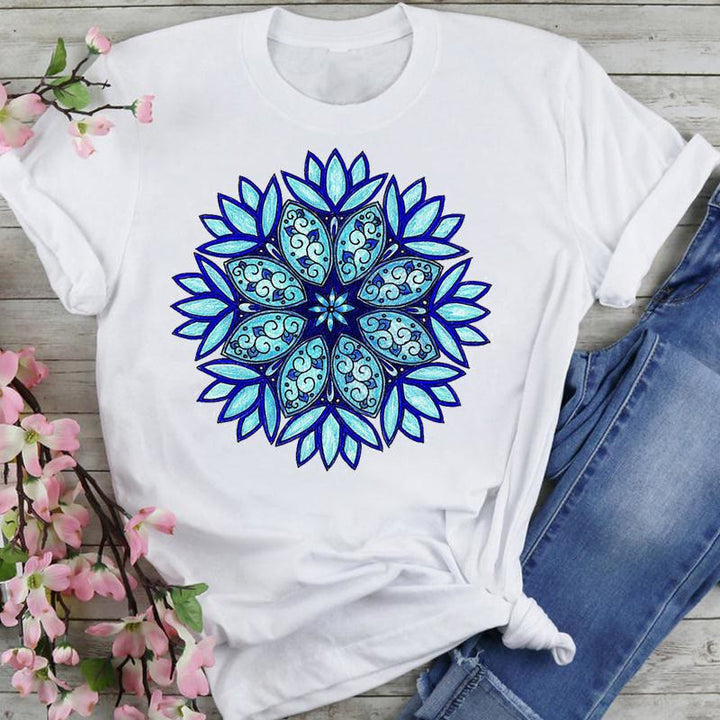 Olivenorma Cotton Colorful Lotus Elephant Printed T-shirt - Royal Blue Lotus - 2XL - image 11