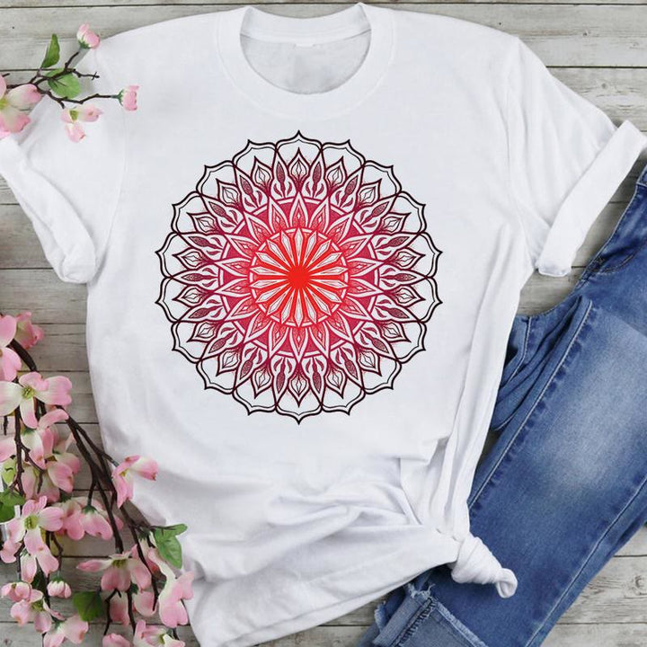 Olivenorma Cotton Colorful Lotus Elephant Printed T-shirt - Red Lotus - 2XL - image 6
