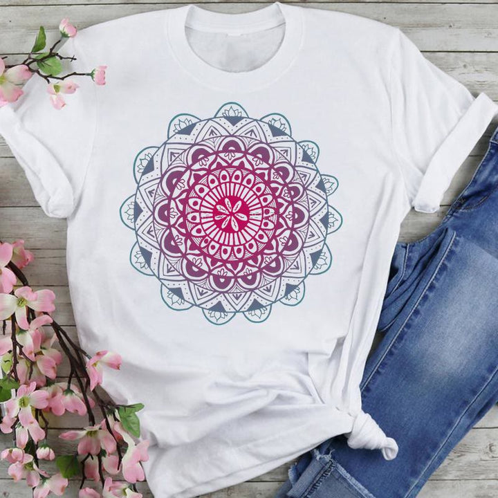 Olivenorma Cotton Colorful Lotus Elephant Printed T-shirt - Rose Red Lotus - 2XL - image 7