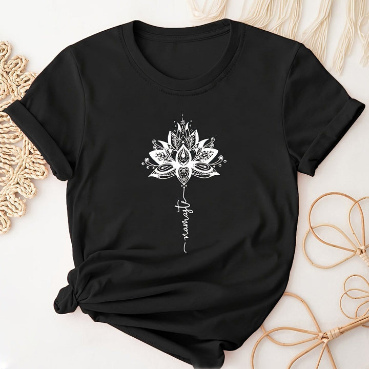 Olivenorma Lotus & Letter Print Crew Neck Short Sleeve T-Shirt - Black - 2XL - image 2