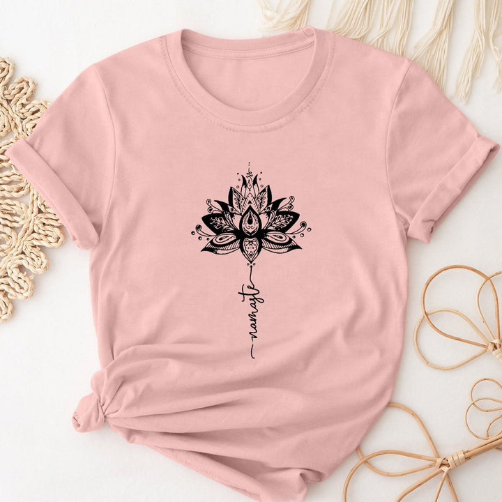 Olivenorma Lotus & Letter Print Crew Neck Short Sleeve T-Shirt - Pink - 2XL - image 4