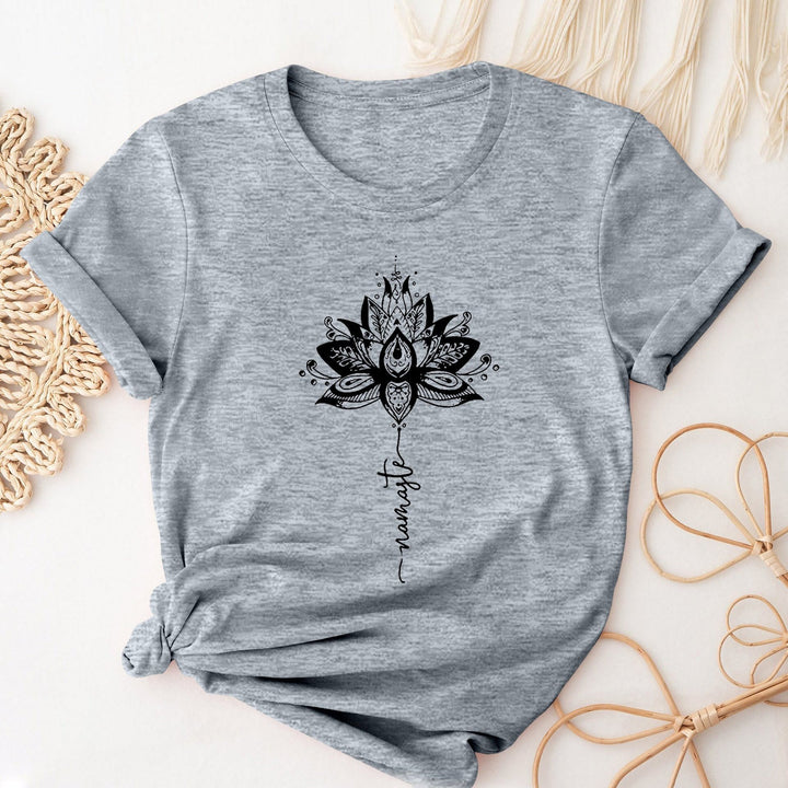 Olivenorma Lotus & Letter Print Crew Neck Short Sleeve T-Shirt - Gray - 2XL - image 0
