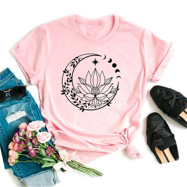 Olivenorma Cotton Black Moon Lotus Printed Pink T-Shirt - Moon & Lotus - 2XL - image 0