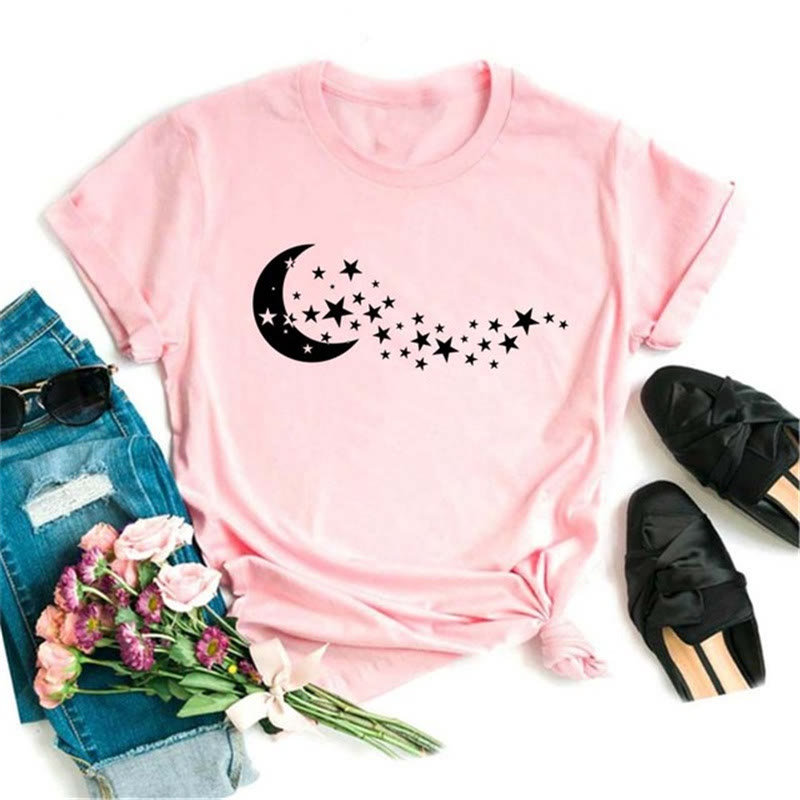 Olivenorma Cotton Black Moon Lotus Printed Pink T-Shirt - Moon & Stars 2 - 2XL - image 9