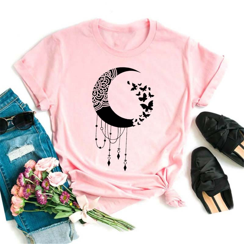 Olivenorma Cotton Black Moon Lotus Printed Pink T-Shirt - Moon & Butterfly - 2XL - image 6