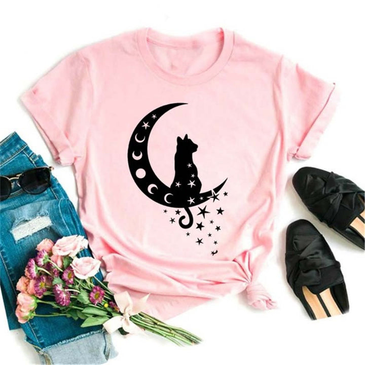 Olivenorma Cotton Black Moon Lotus Printed Pink T-Shirt - Moon & Black Cat - 2XL - image 4