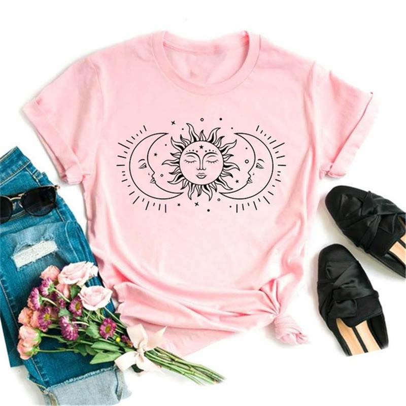 Olivenorma Cotton Black Moon Lotus Printed Pink T-Shirt - Double Moon & Sun - 2XL - image 7