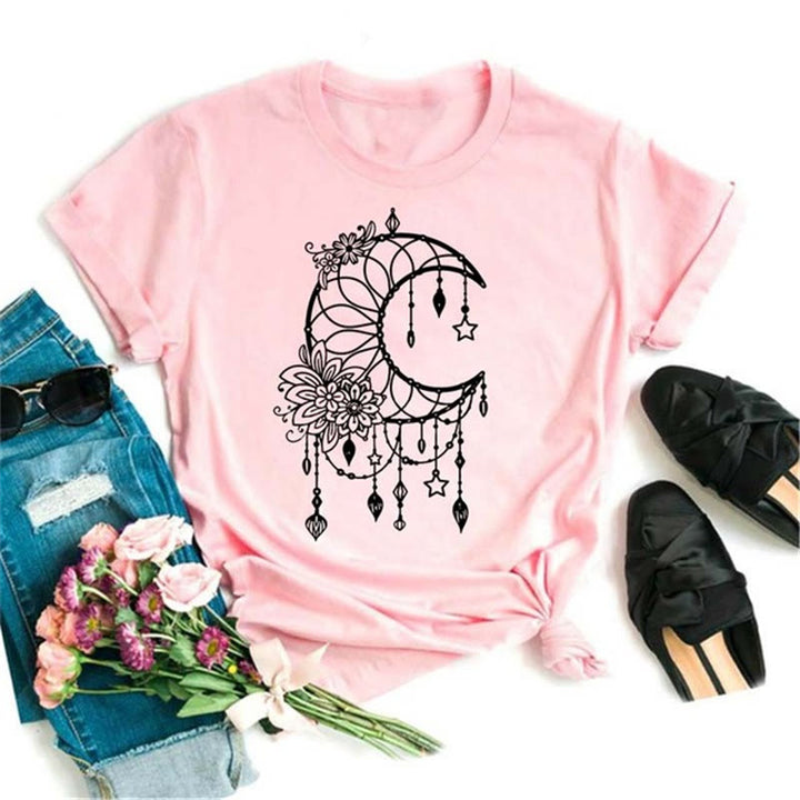 Olivenorma Cotton Black Moon Lotus Printed Pink T-Shirt - Moon & Flowers - 2XL - image 8