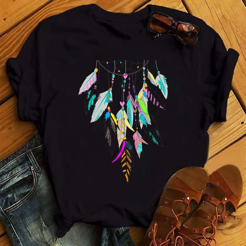 Olivenorma Cotton Dreamcatcher Printed Black T-Shirt - Dreamcatcher & Feathers - 2XL - image 10