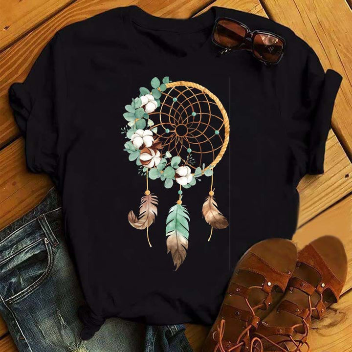 Olivenorma Cotton Dreamcatcher Printed Black T-Shirt - Dreamcatcher & Green-brown Feathers - 2XL - image 7