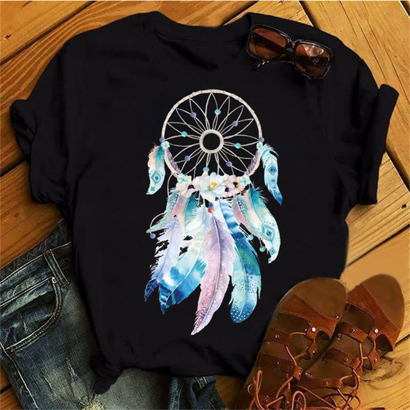 Olivenorma Cotton Dreamcatcher Printed Black T-Shirt - Dreamcatcher & Blue Feathers - 2XL - image 2