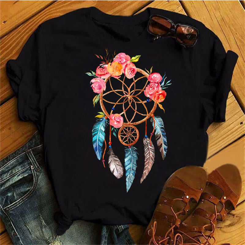 Olivenorma Cotton Dreamcatcher Printed Black T-Shirt - Dreamcatcher & Red Flowers - 2XL - image 9