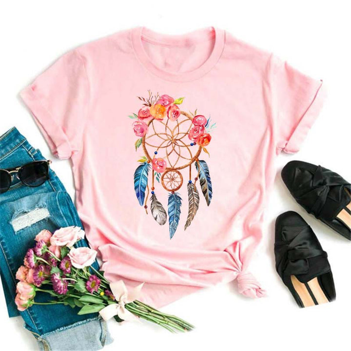 Olivenorma Cotton Dreamcatcher Printed Pink T-Shirt - Dreamcatcher & Red Rose - 2XL - image 2